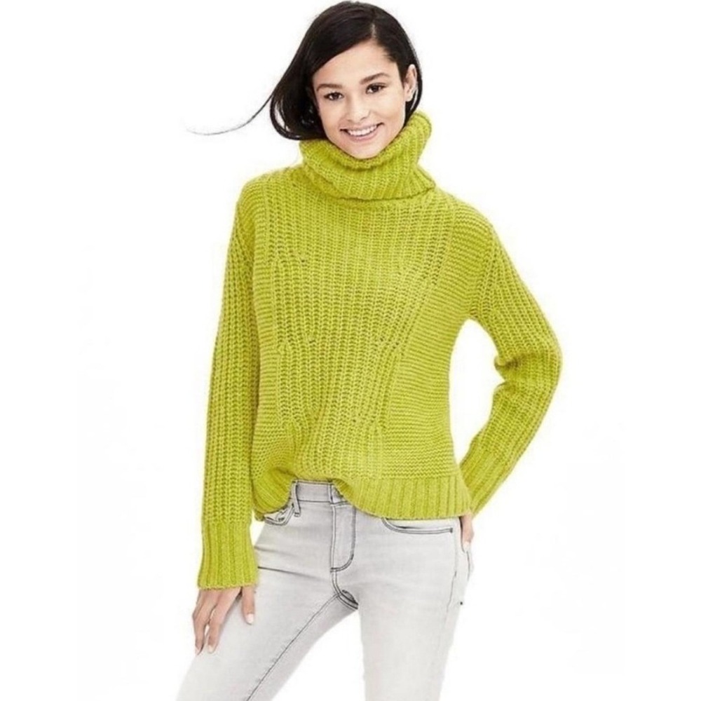 Banana Republic Chunky Knit Turtleneck Sweater Mustard Yellow Italian Yarn Small
